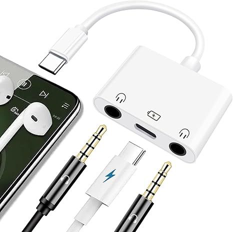 USB C to 3.5mm Headphone Splitter 3 in 1 USB C to Aux Adapter Dual 3.5mm Audio Jack and PD 60W Fast Charging Compatible with iPhone 15/iPad Pro/Samsung Galaxy/Google Pixel