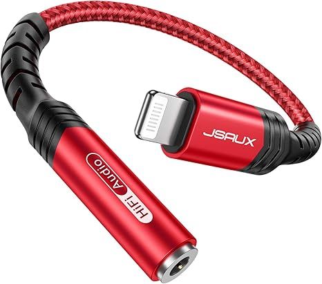 JSAUX iPhone Headphone Adapter, Lightning to 3.5mm Adapter [Apple MFi Certified] iPhone Aux Adapter Compatible with iPhone 14/14 Pro Max/13/13 Pro Max/12/12 Pro Max/11/11 Pro Max/SE/X/XR/XS/8-Red